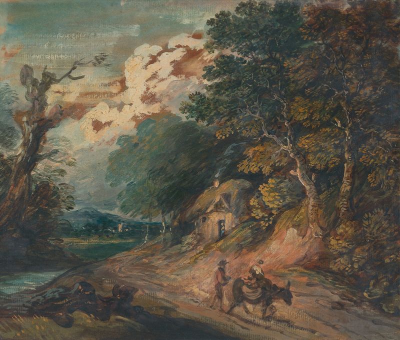 Landscape oil painting by Gainsborough Dupont featuring a figure riding a donkey.