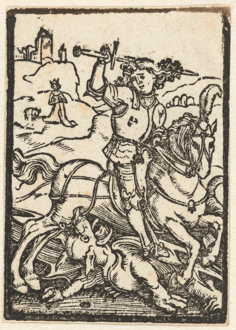 De Heilige Joris en de draak de Albrecht Dürer, gravura em papel retratando São Jorge lutando contra um dragão.