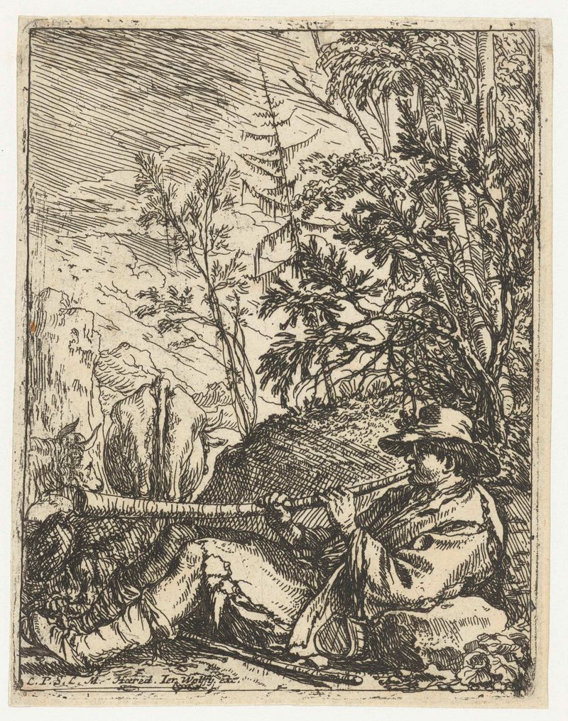 Etching by Jonas Umbach showing a shepherd playing a horn in a landscape.