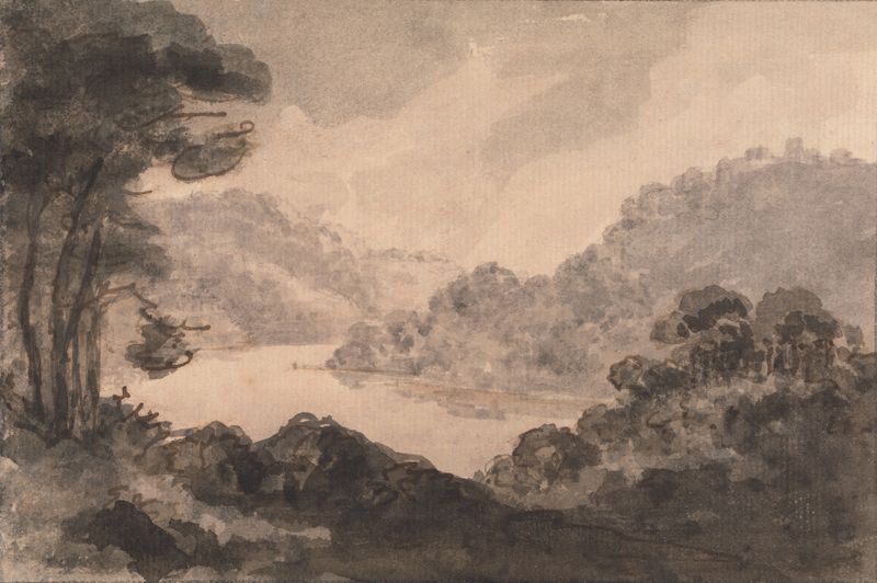 Mountainous landscape with river, trees and foliage, oil painting by William Gilpin