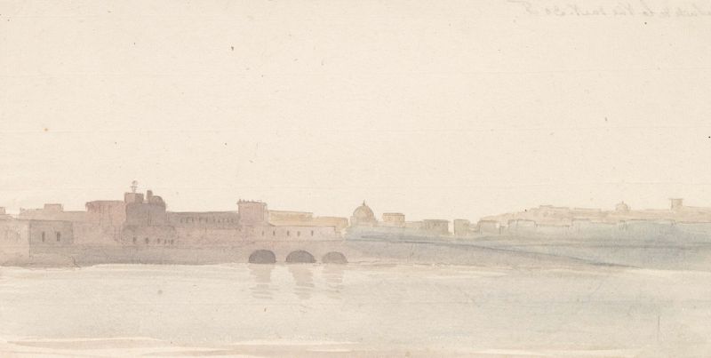 watercolour by Abraham-Louis-Rodolphe Ducros depicting the Gulf of Naples with waves and a church