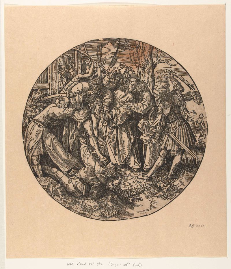 De Judaskus, obra en papel de Jacob Cornelisz van Oostsanen que representa a Judas y Cristo en un abrazo.