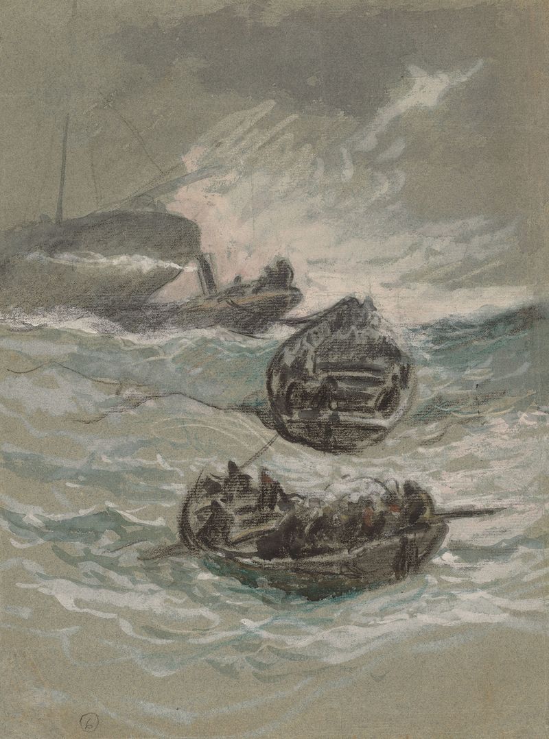 The Shipwreck by Elihu Vedder, oil painting of a half-submerged ship in turbulent waves.