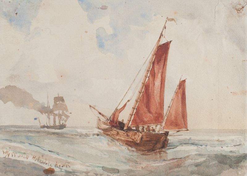 Marine scene with a fishing vessel and waves, oil painting by Bror Jacob Adelborg