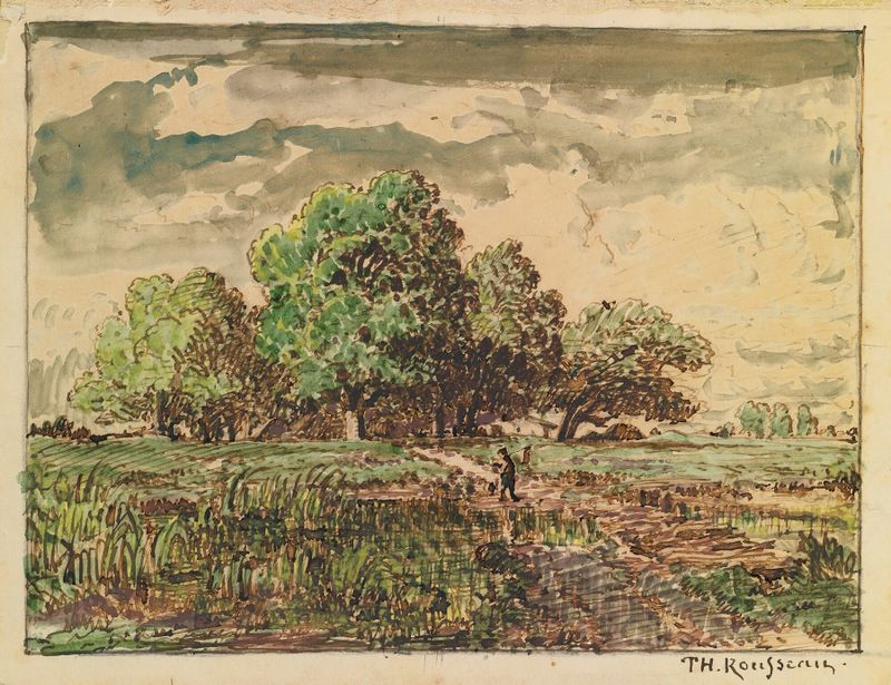 Pintura de paisagem a óleo de Théodore Rousseau mostrando campos ao pôr do sol.