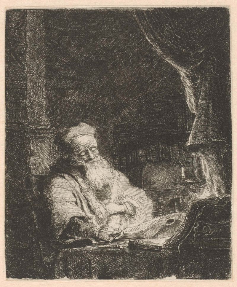 Gravura de Ferdinand Bol mostrando um filósofo descansando em um travesseiro