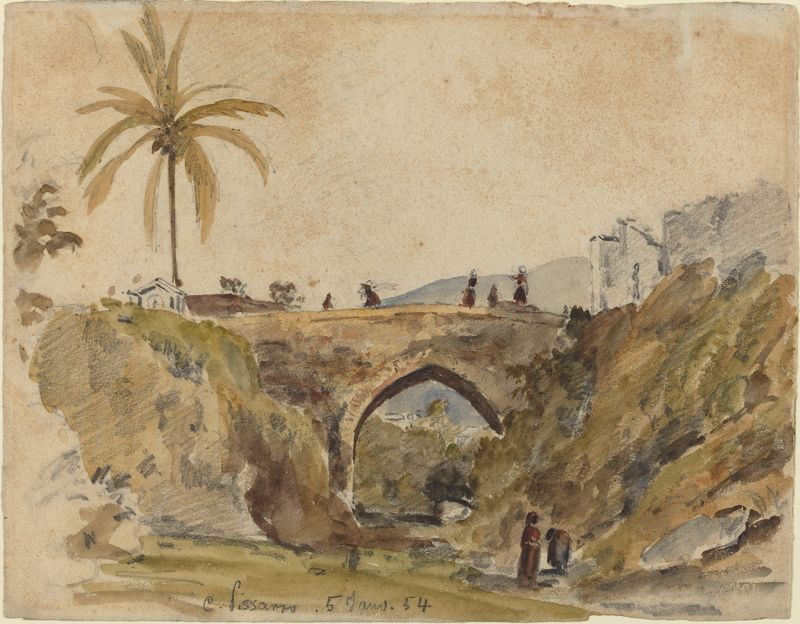 Bridge at Caracas de Camille Pissarro, óleo sobre lienzo que representa un paisaje fluvial tranquilo
