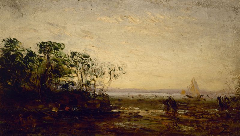 Paisagem ao crepúsculo com águas calmas e luz dourada, pintura a óleo de Félix Ziem