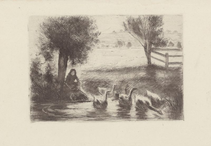 Gardeuse d’oies de Camille Pissarro, pintura al óleo de una mujer cuidando gansos en un entorno rural.