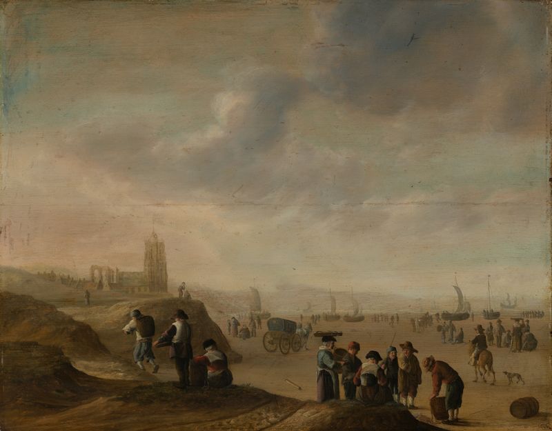 Genre scene with figures on the shoreline, oil on canvas by Cornelis Beelt
