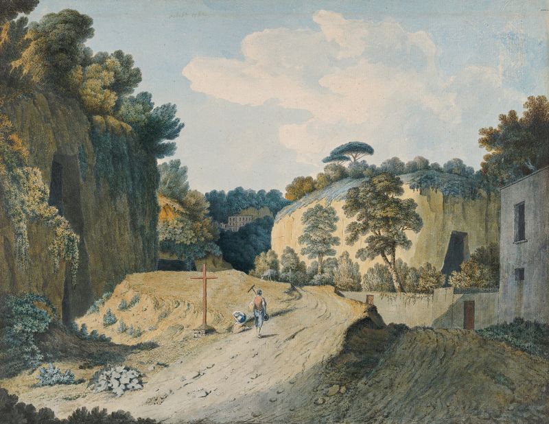 A Road in a Gorge near Naples de Thomas Jones, pintura al óleo que muestra un camino sinuoso entre acantilados.