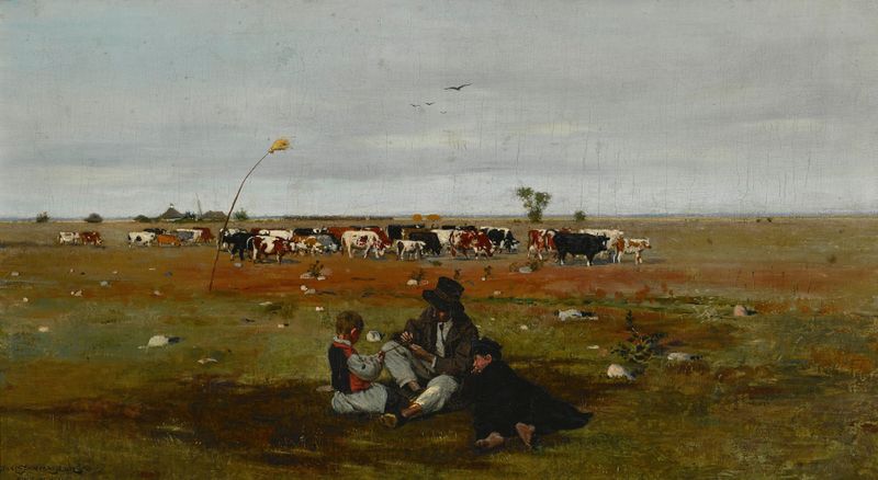 Paisaje de un pastizal bajo un cielo luminoso, óleo sobre lienzo de Stanisław Masłowski