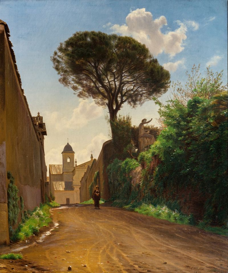 Via San Nicola di Tolentino en Roma de C. A. Kølle, que representa arquitectura y una calle adoquinada.