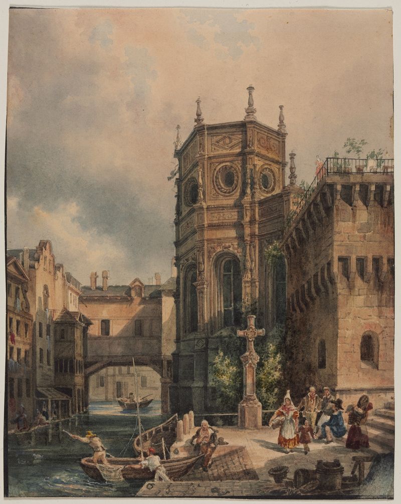 Scene on a Canal, óleo sobre tela de Hippolyte Jean Baptiste Garnerey, retratando reflexos ao crepúsculo.