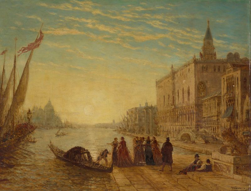 Óleo sobre tela de Félix Ziem retratando uma paisagem veneziana com reflexos na água.