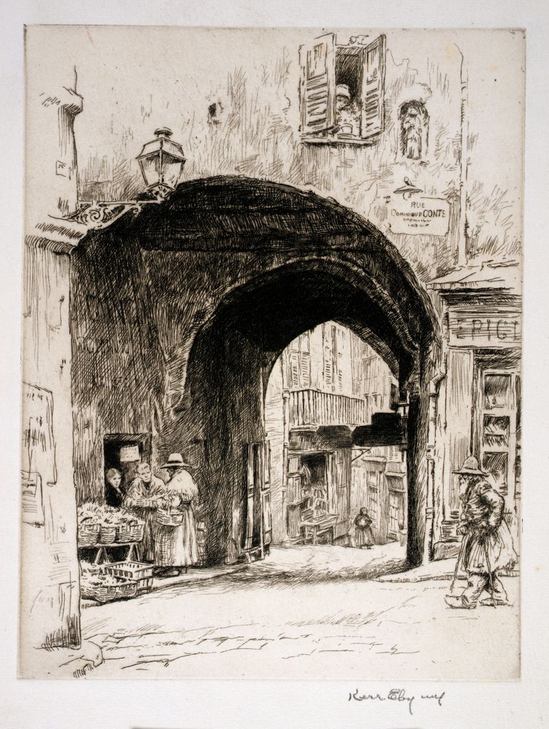 Rue Dominique Conte de Kerr Eby, impresionismo, que representa la vida urbana con figuras y luz.