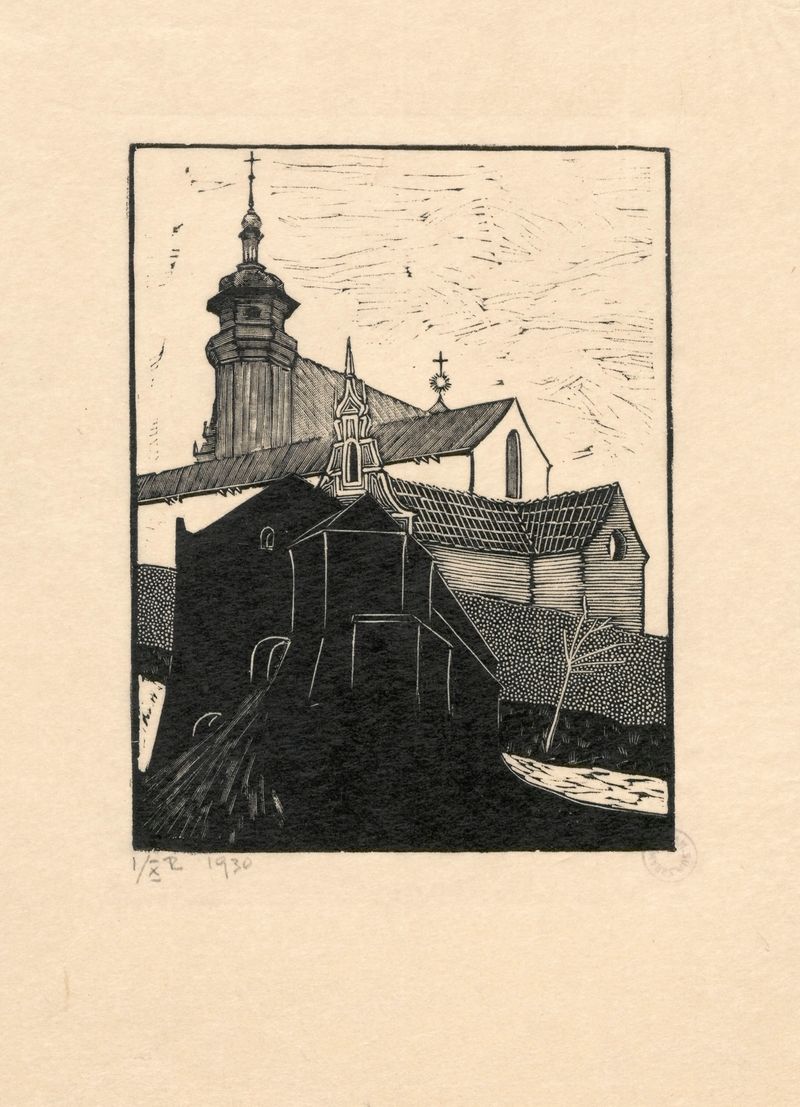Lwów – Kościół Bernardynów II, oil on canvas by Wiktoria Goryńska, featuring church spires against a dramatic sky.