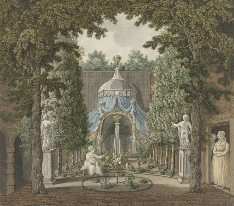 Cena de Teatro em um Jardim da Cidade de Barend Hendrik Thier, Rococó, retratando atores e público à luz de velas.