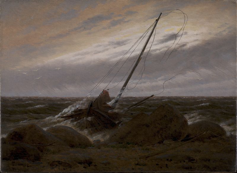 After the Storm de Caspar David Friedrich, pintura a óleo que retrata uma paisagem com nuvens de tempestade e luz dourada.