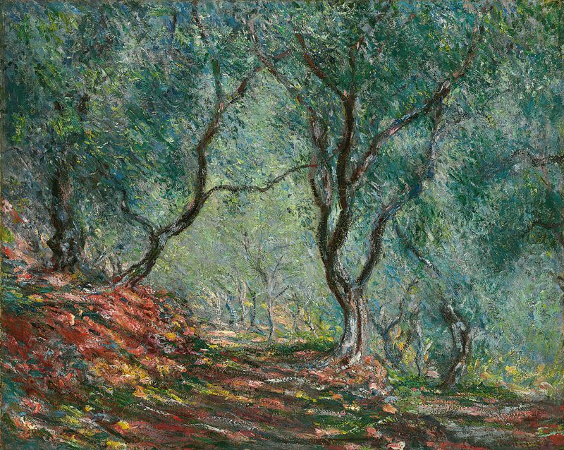 Bois d’oliviers au jardin Moreno de Claude Monet, óleo que representa olivos en un jardín sereno.