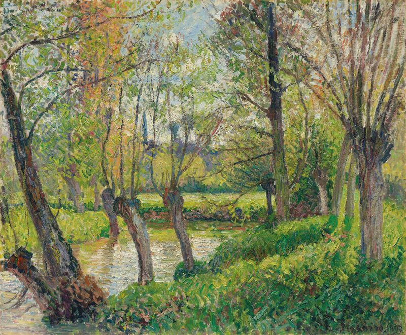 Bords De L’epte À Êragny, Soleil Couchant de Camille Pissarro, óleo sobre tela que retrata um pôr do sol sobre um rio