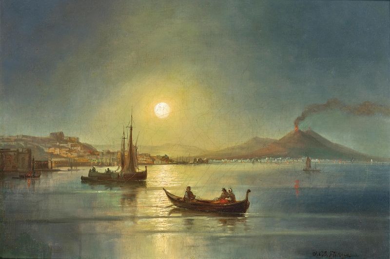 Moonlit Night with the Bay of Naples de Josef Carl Berthold Püttner, pintura al óleo que muestra una bahía serena de noche.