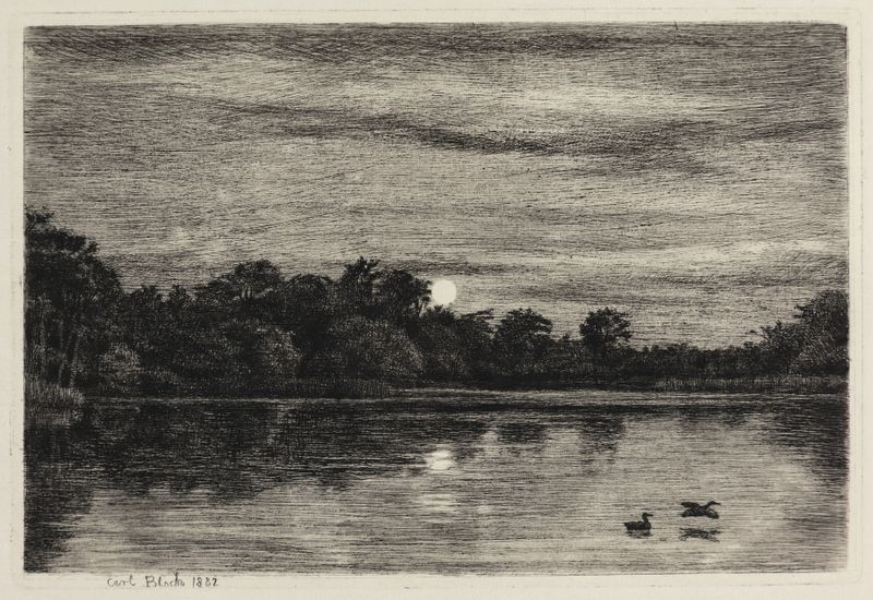 Landscape oil painting by Carl Bloch depicting twilight reflections on water and trees