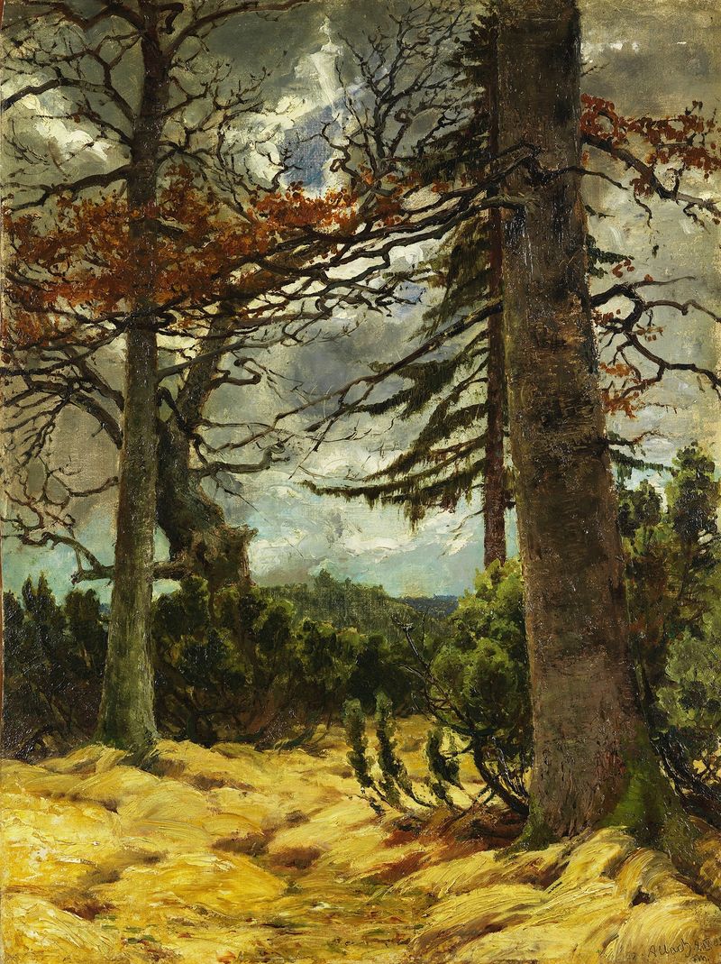 Eichenstämme im Vorfrühling by Franz Marc, oil on canvas depicting vibrant forest colors