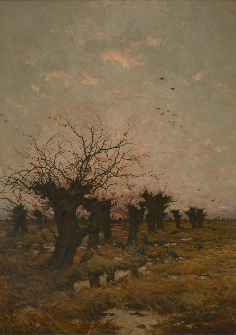 Sunset in the Kempen by Joseph Théodore Coosemans, oil painting depicting a vibrant twilight landscape.