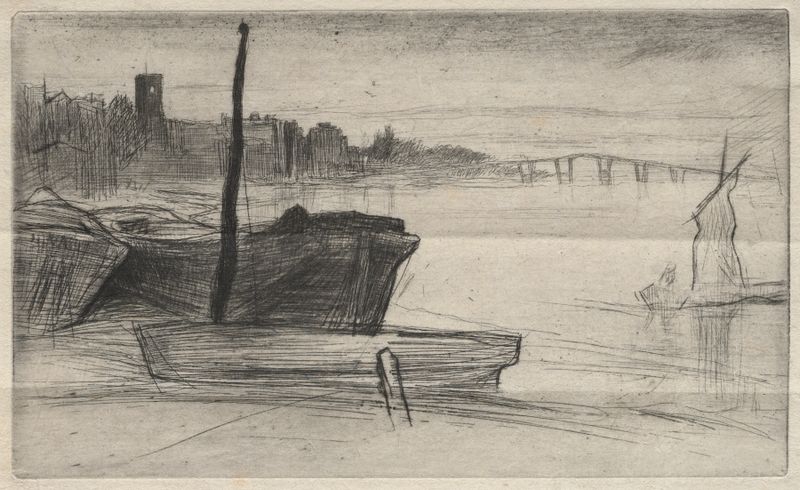 Chelsea Bridge and Church de James Abbott McNeill Whistler, óleo sobre tela representando uma paisagem ao crepúsculo