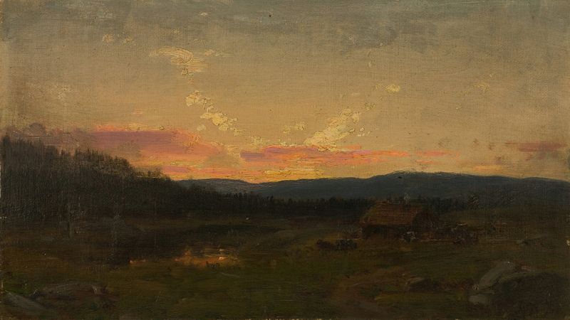 Paisagem com uma fazenda ao pôr do sol, pintura a óleo de Amaldus Nielsen