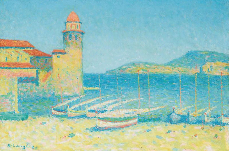 Le Port De Collioure de Achille Laugé, pintura al óleo que muestra olas vibrantes y la costa.
