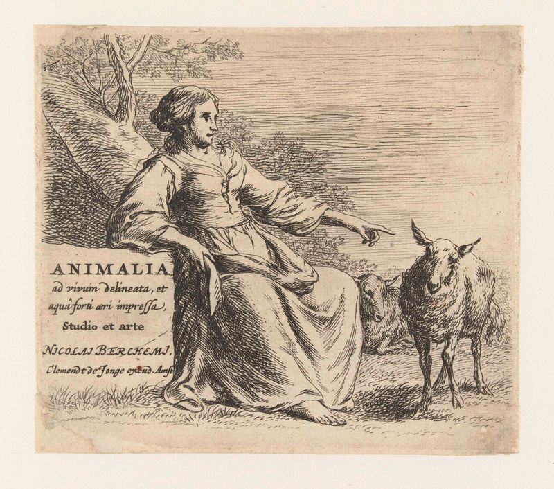 Gravura de Nicolaes Pietersz Berchem mostrando uma pastora com duas ovelhas na luz dourada.