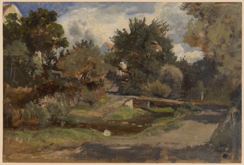 Estrada florestal com edifícios em Pełcznica, pintura a óleo de Adolf Dressler