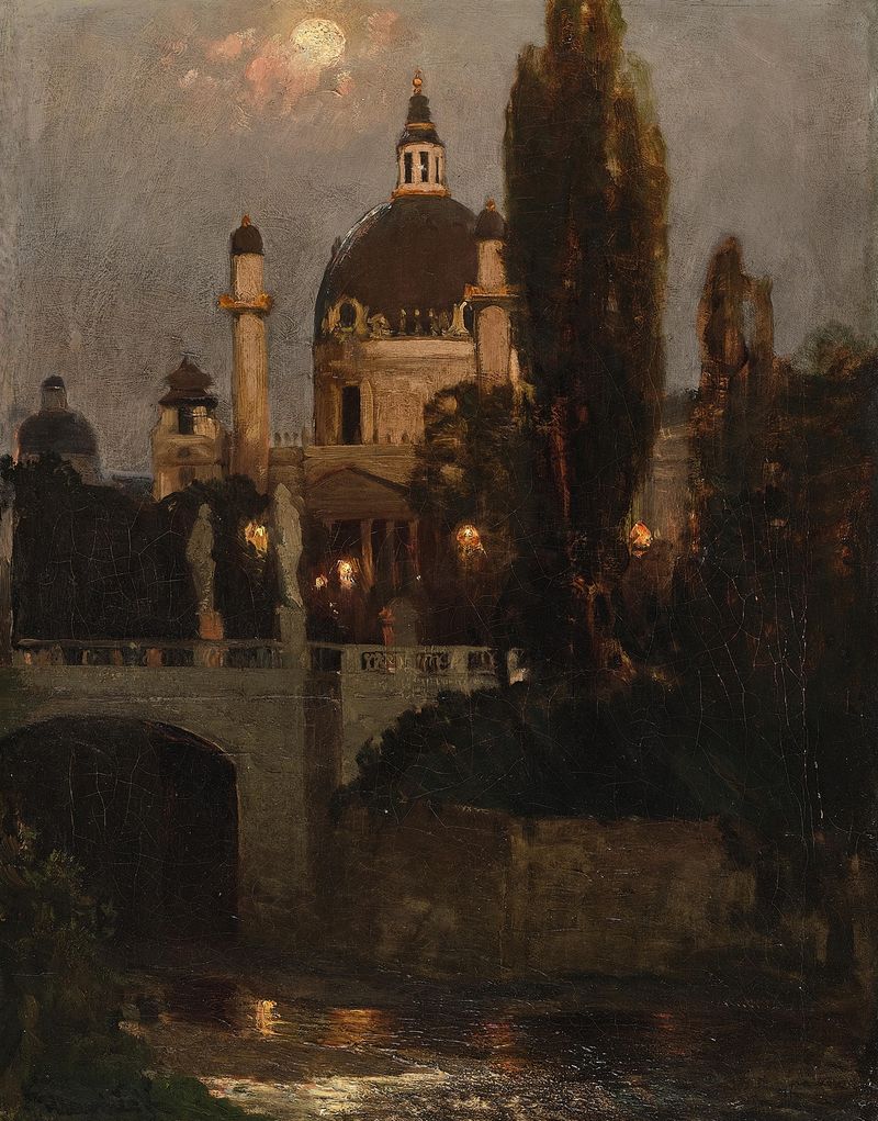 Igreja de São Carlos com a Ponte Elisabeth à noite, óleo de Anton Hlavacek