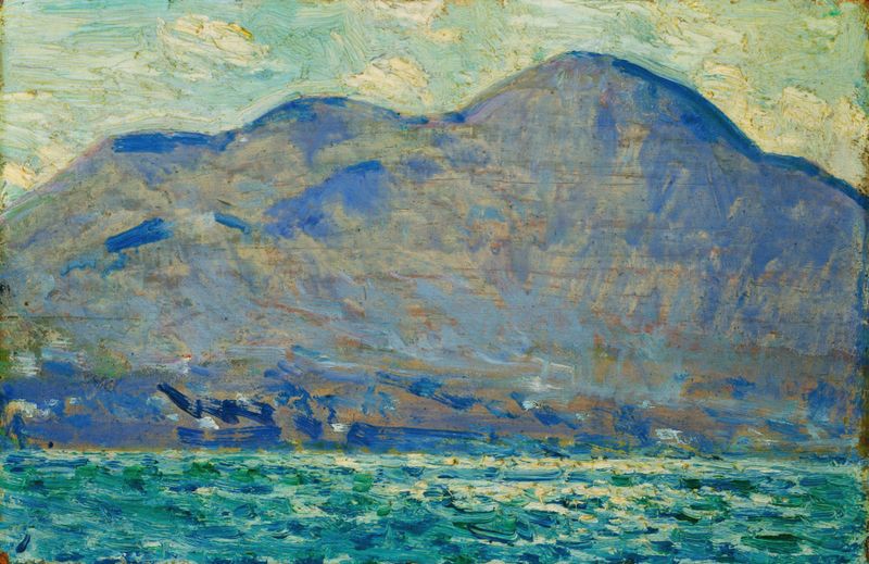 Mt. Beacon at Newburgh de Childe Hassam, óleo sobre lienzo que representa un paisaje vibrante con montañas y cielo.