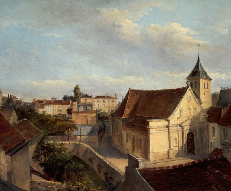 L’ancienne église de Belleville de Victor René Garson, pintura al óleo que muestra una iglesia desgastada contra un cielo ...