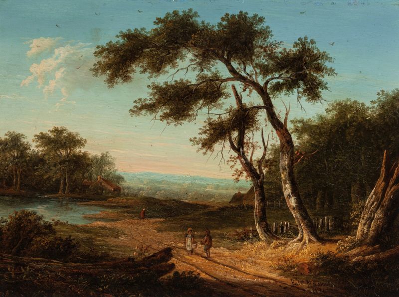 Figures on a Sunlit Country Road, oil painting by Patrick Nasmyth