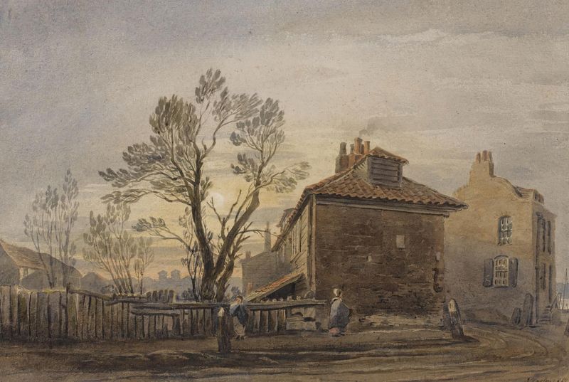 Paisaje que representa un río al amanecer, óleo de John Varley