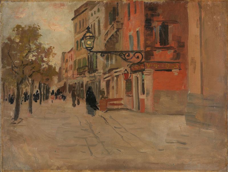 Street in Venice by Frits Thaulow, oil painting showing buildings and reflections on water