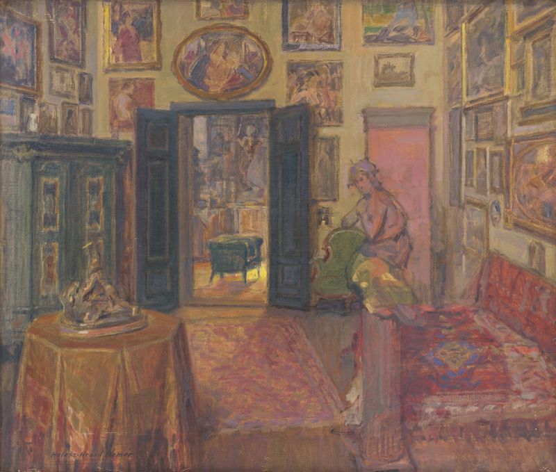 Óleo sobre tela de Elemír Halász-Hradil mostrando um artista em um estúdio, imerso na reflexão.