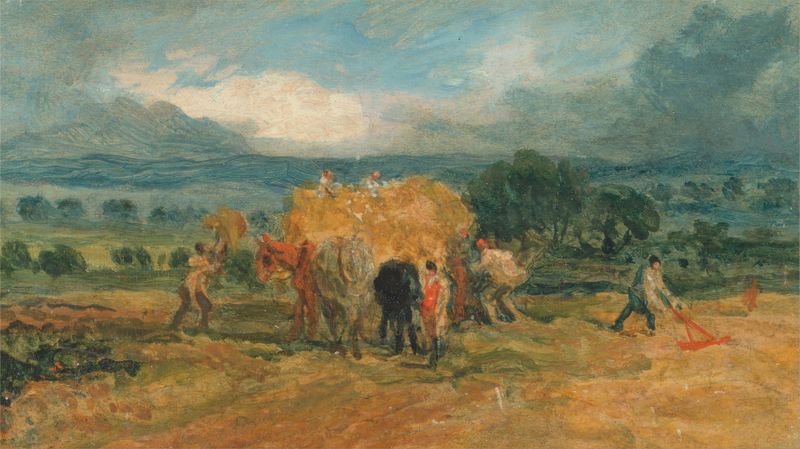 A Harvest Scene with Workers Loading Hay on to a Farm Wagon, oil painting by James Ward