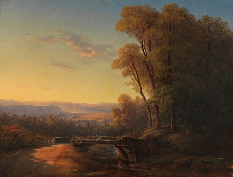 Süddeutsche Landschaft im Abendlicht de Franz Graf von Pocci, pintura al óleo que muestra colinas al atardecer.