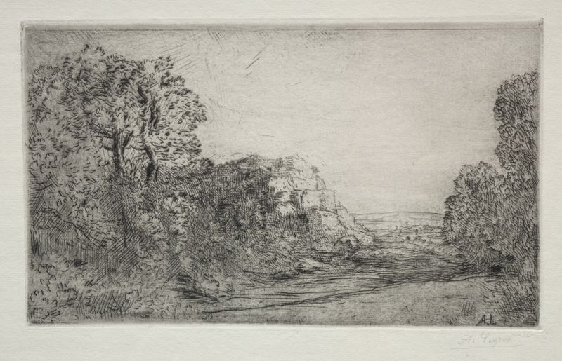 Landscape; Sunrise de Alphonse Legros, pintura al óleo que representa un horizonte sereno al amanecer.