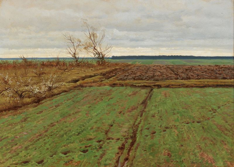 Winter landscape by Józef Rapacki, depicting snow-covered ground and muted colors, oil painting