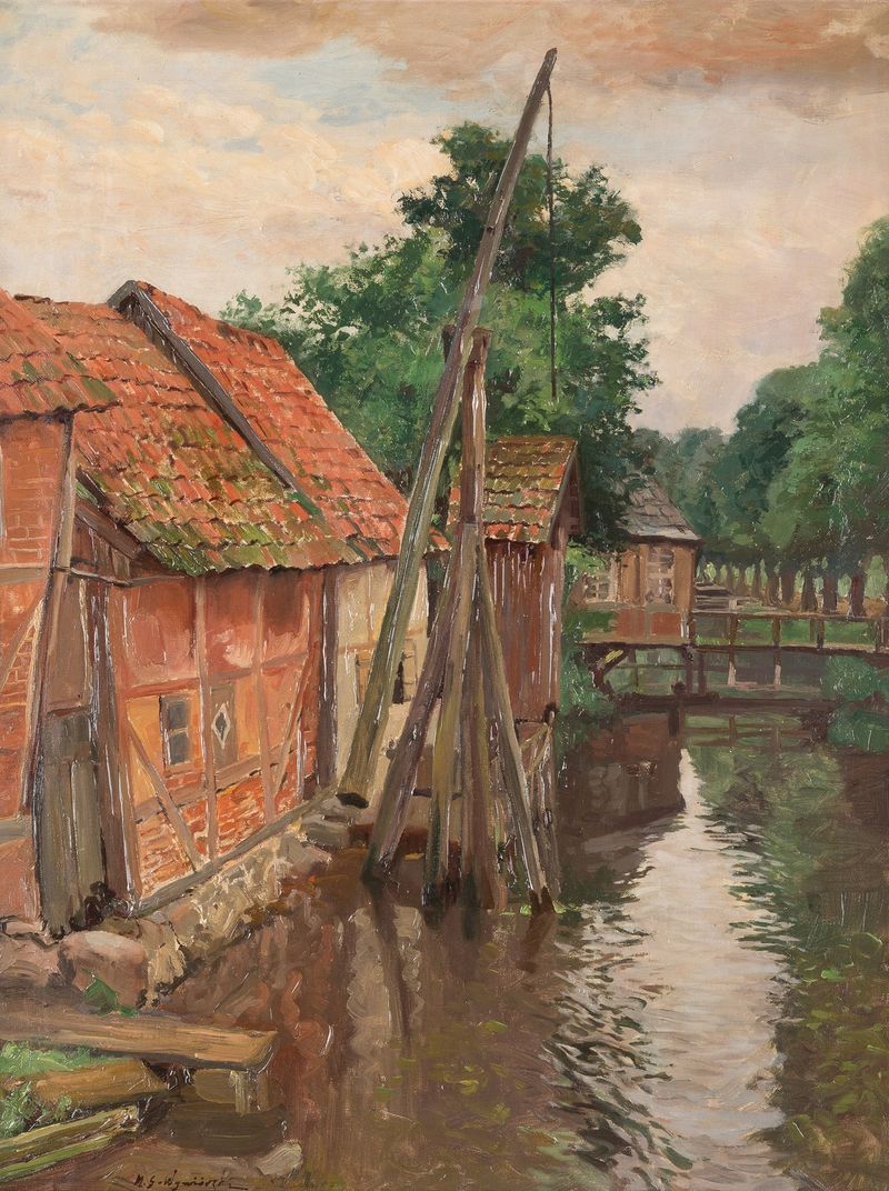 Landscape with stream and cottages, oil painting by Michał Gorstkin-Wywiórski