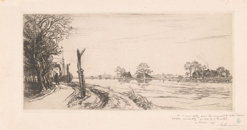 Etching by Auguste Lepère depicting the Amstel River with lush greenery.
