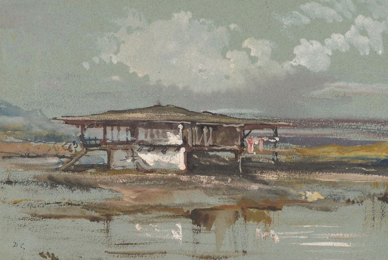 A House in Turkey, óleo sobre tela de Alexandre-Gabriel Decamps, apresentando uma casa caiada em uma paisagem verdejante.