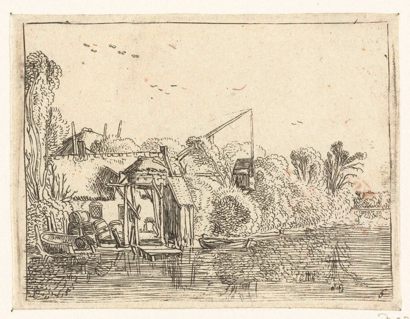 Brouwerij aan de oever van een rivier, grabado de Esaias van de Velde