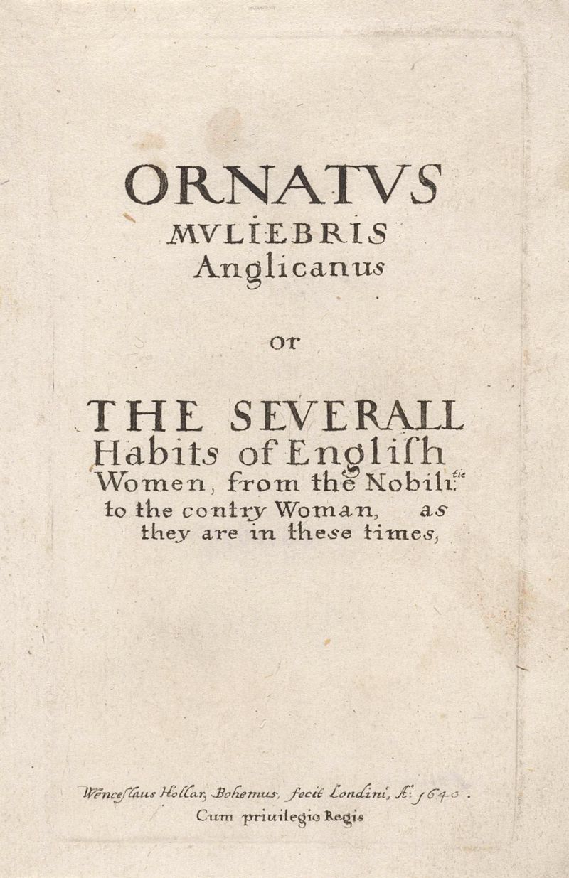 Cloaked female figure with intricate clothing, etching by Wenceslaus Hollar